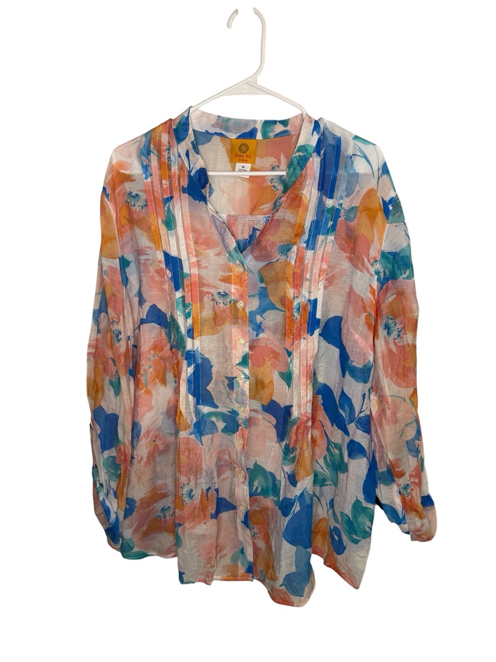 Ruby Rd. Watercolor Floral Pleated Button Down Blouse Size 1X